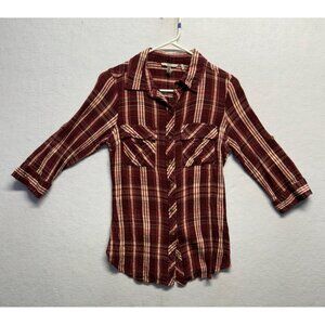 BKE Womens Red Plaid Button-Up Shirt Size Small 3/4 Sleeves